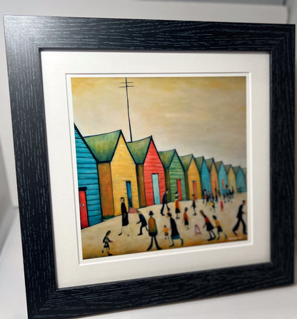 Brighton Beach Huts - Giclée Art Print 21cm Square. Endearing Image in the Style Of LS Lowry