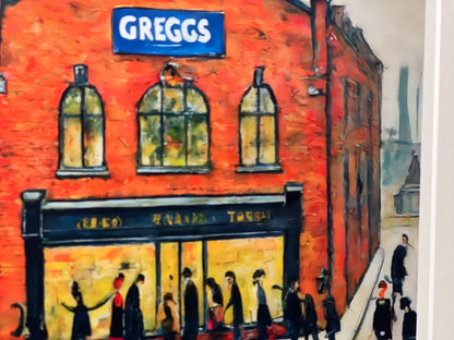 Greggs - Giclée Art Print 21cm Square. Modern Nostalgia Image in the Style Of LS Lowry