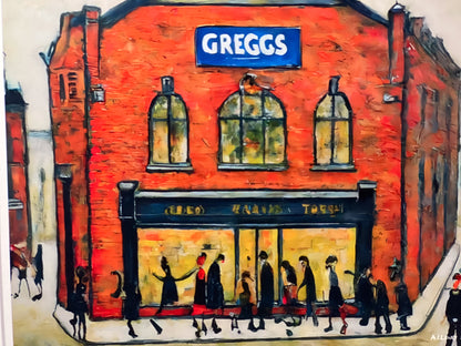 Greggs - Giclée Art Print 21cm Square. Modern Nostalgia Image in the Style Of LS Lowry