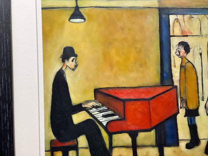 Piano Man - Giclée Art Print 21cm Square. Entertaining Image in the Style Of LS Lowry