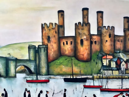 Conwy Castle - Giclée Art Print 21cm Square. Classic Welsh Castle Image in the Style Of LS Lowry