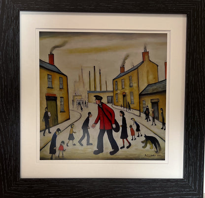 A Postman's Round Giclée Art Print 21cm Square. Lovely Image in the Style Of LS Lowry