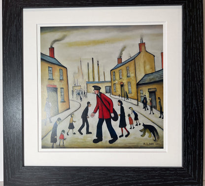 A Postman's Round Giclée Art Print 21cm Square. Lovely Image in the Style Of LS Lowry