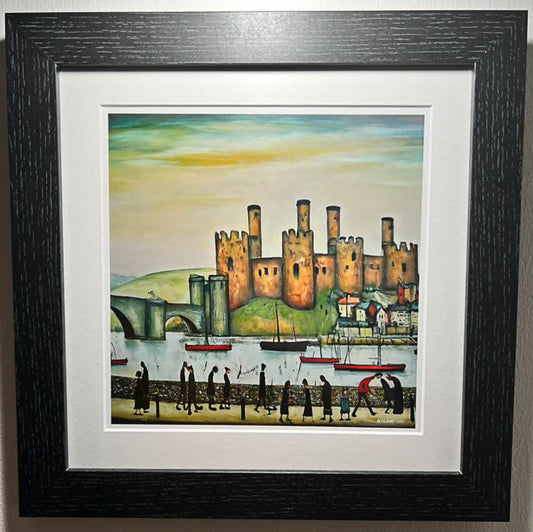 Conwy Castle - Giclée Art Print 21cm Square. Classic Welsh Castle Image in the Style Of LS Lowry