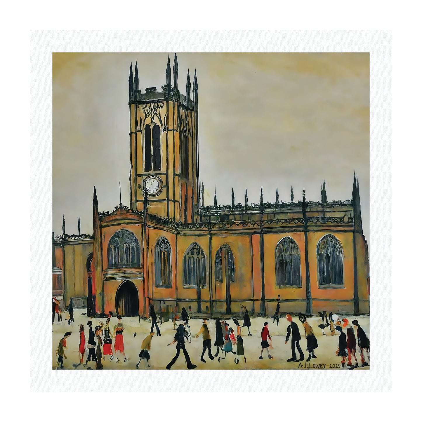 Pack of 6 Blank Lowry Style Art Greeting Cards - Manchester Cathedral Design - 350gsm Card with Kraft Envelopes