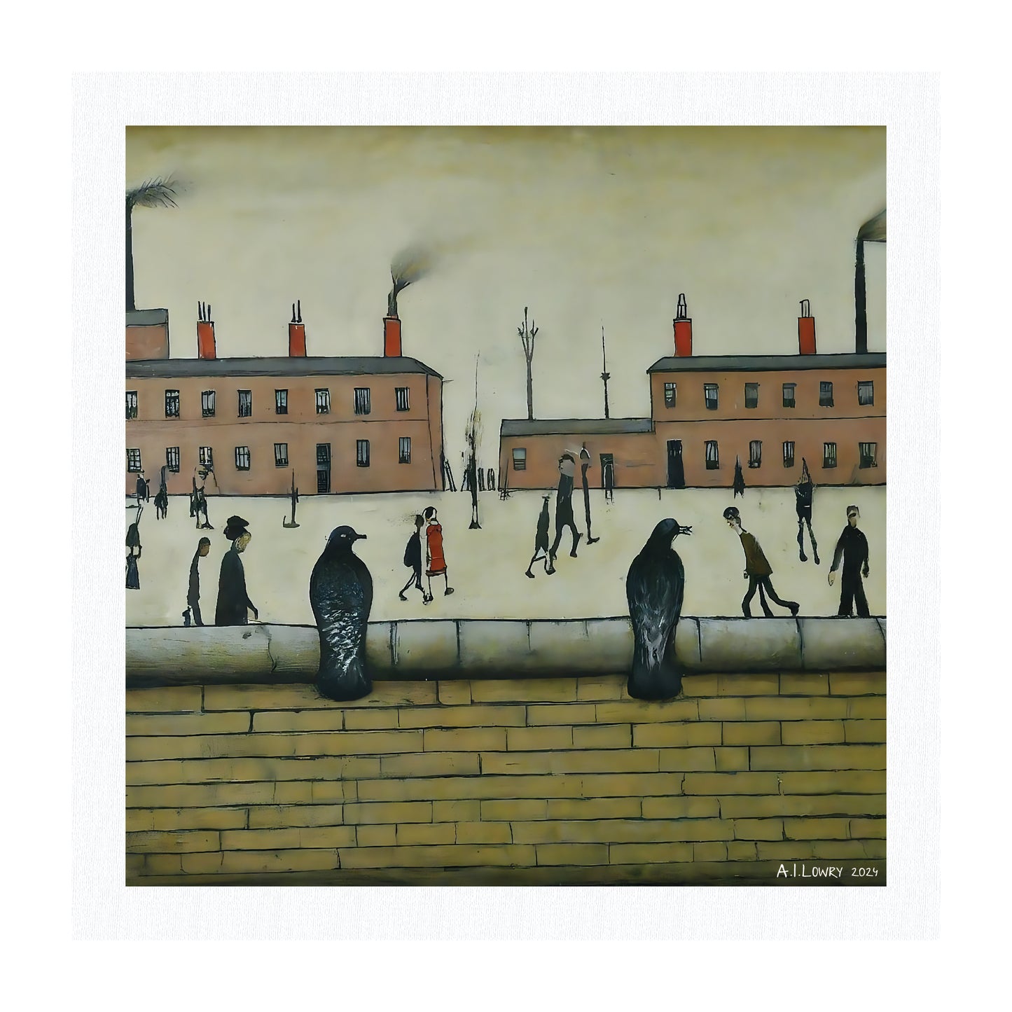 Pack of 6 Blank Lowry Style Art Greeting Cards - Pigeons On A Wall Design - 350gsm Card with Kraft Envelopes