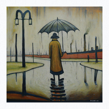 Beautiful British Day, Man in the Rain - Giclée Art Print 21cm Square. Glorious Image in the Style Of LS Lowry