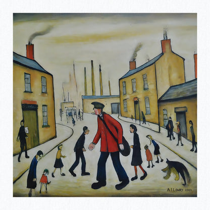 A Postman's Round Giclée Art Print 21cm Square. Lovely Image in the Style Of LS Lowry