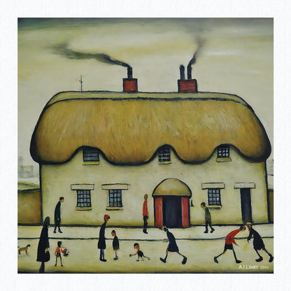 Thatched Cottage Giclée Art Print 21cm Square. Charming Image in the Style Of LS Lowry