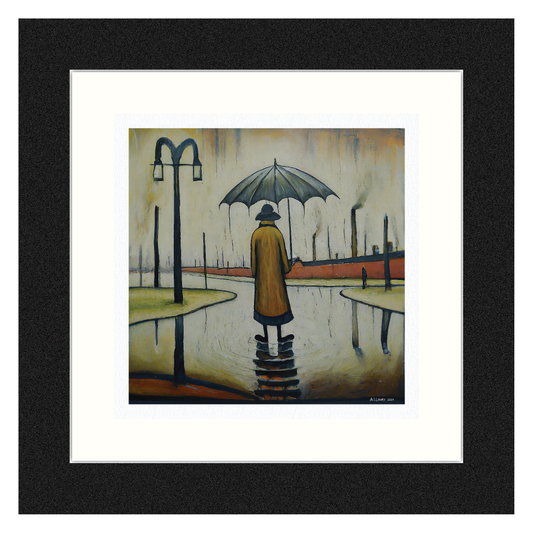 Beautiful British Day, Man in the Rain - Giclée Art Print 21cm Square. Glorious Image in the Style Of LS Lowry