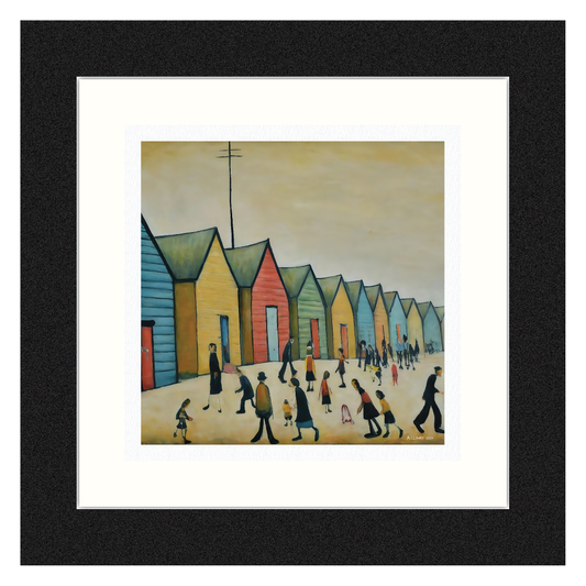 Brighton Beach Huts - Giclée Art Print 21cm Square. Endearing Image in the Style Of LS Lowry