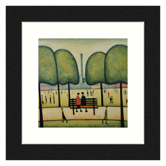 Sitting On A Bench Giclée Art Print 21cm Square. Tranquil Image in the Style Of LS Lowry