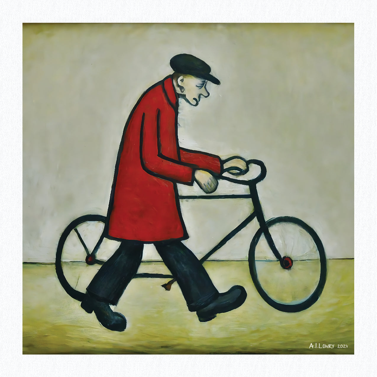 Bicycle Man - Giclée Art Print 21cm Square. Charming Image in the Style Of LS Lowry