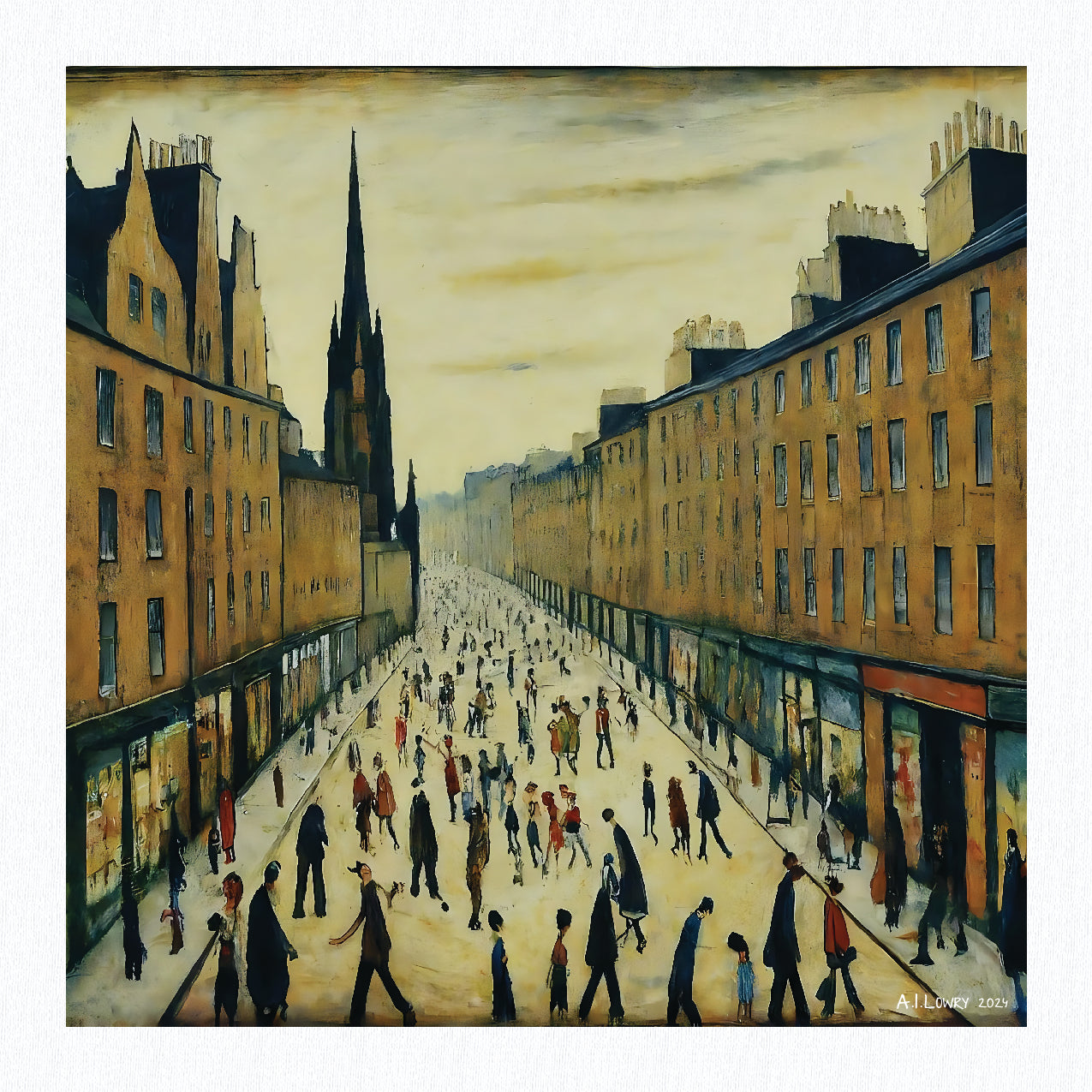 Le Royal Mile, Édimbourg - Impression d'art giclée 21 cm carré. Superbe image dans le style de LS Lowry 