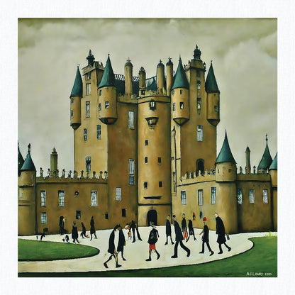 Glamis Castle - Giclée Art Print 21cm Square. Delightful Image in the Style Of LS Lowry