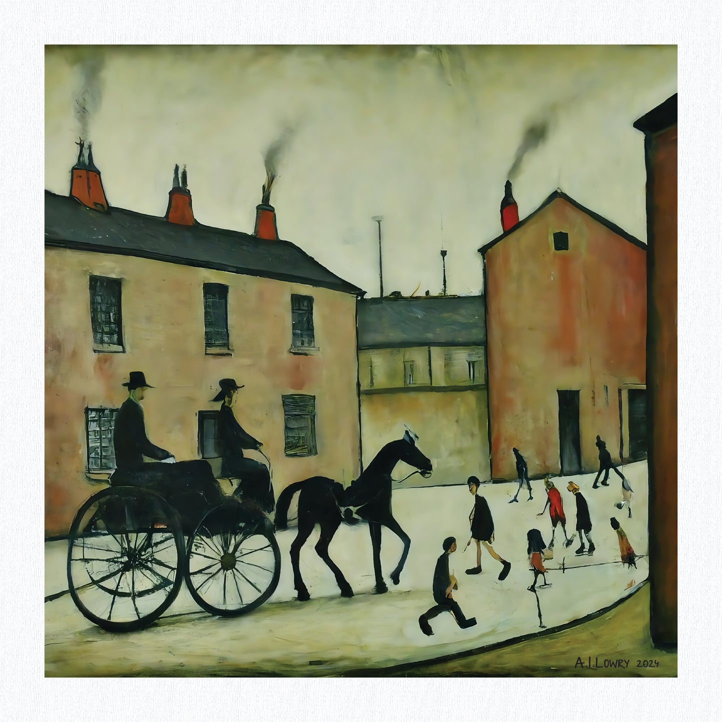 Horsedrawn Carriage - Giclée Art Print 21cm Square. Endearing Image in the Style Of LS Lowry