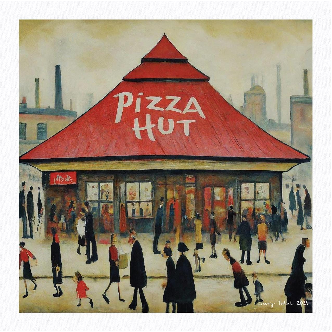 Pizza Hut - Giclée Art Print 21cm Square. Tasty Image in the Style Of LS Lowry. Ideal Gift.