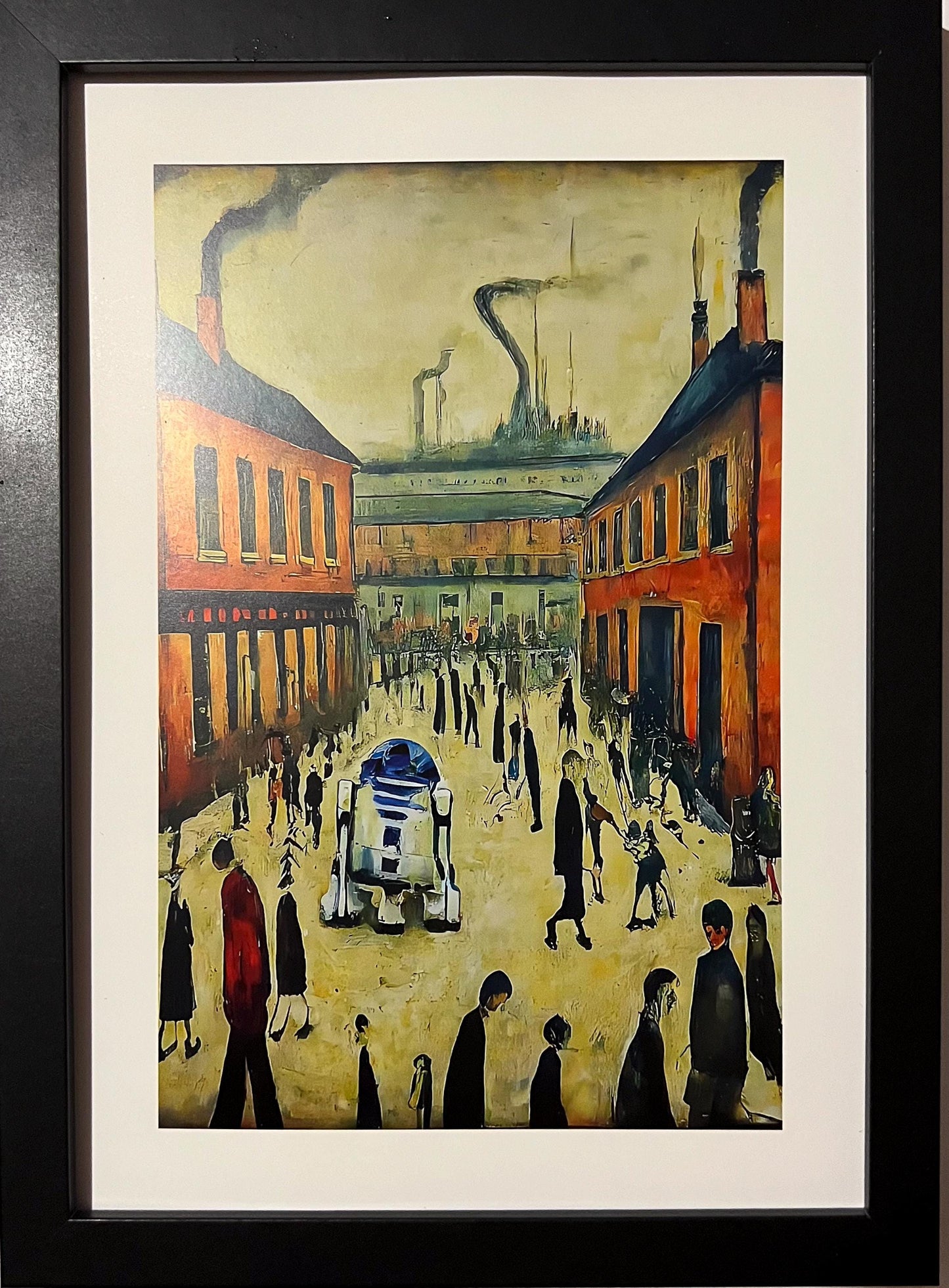 R2D2 Goes To Town -parody - A4 Size Giclée Art Print. Lowry Style Art Print. Available Framed and Unframed.