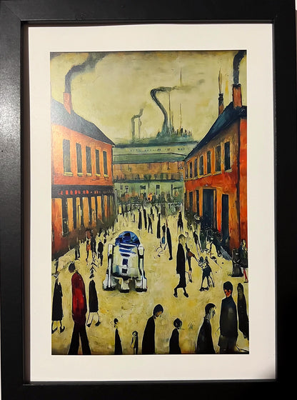 R2D2 Goes To Town -parody - A4 Size Giclée Art Print. Lowry Style Art Print. Available Framed and Unframed.