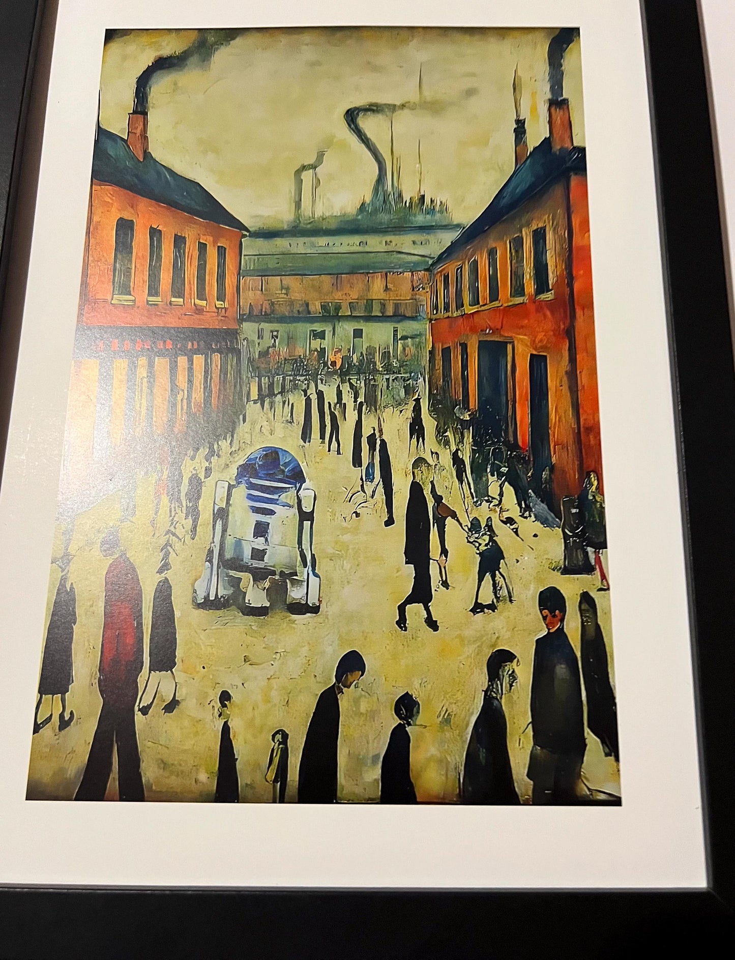 R2D2 Goes To Town -parody - A4 Size Giclée Art Print. Lowry Style Art Print. Available Framed and Unframed.