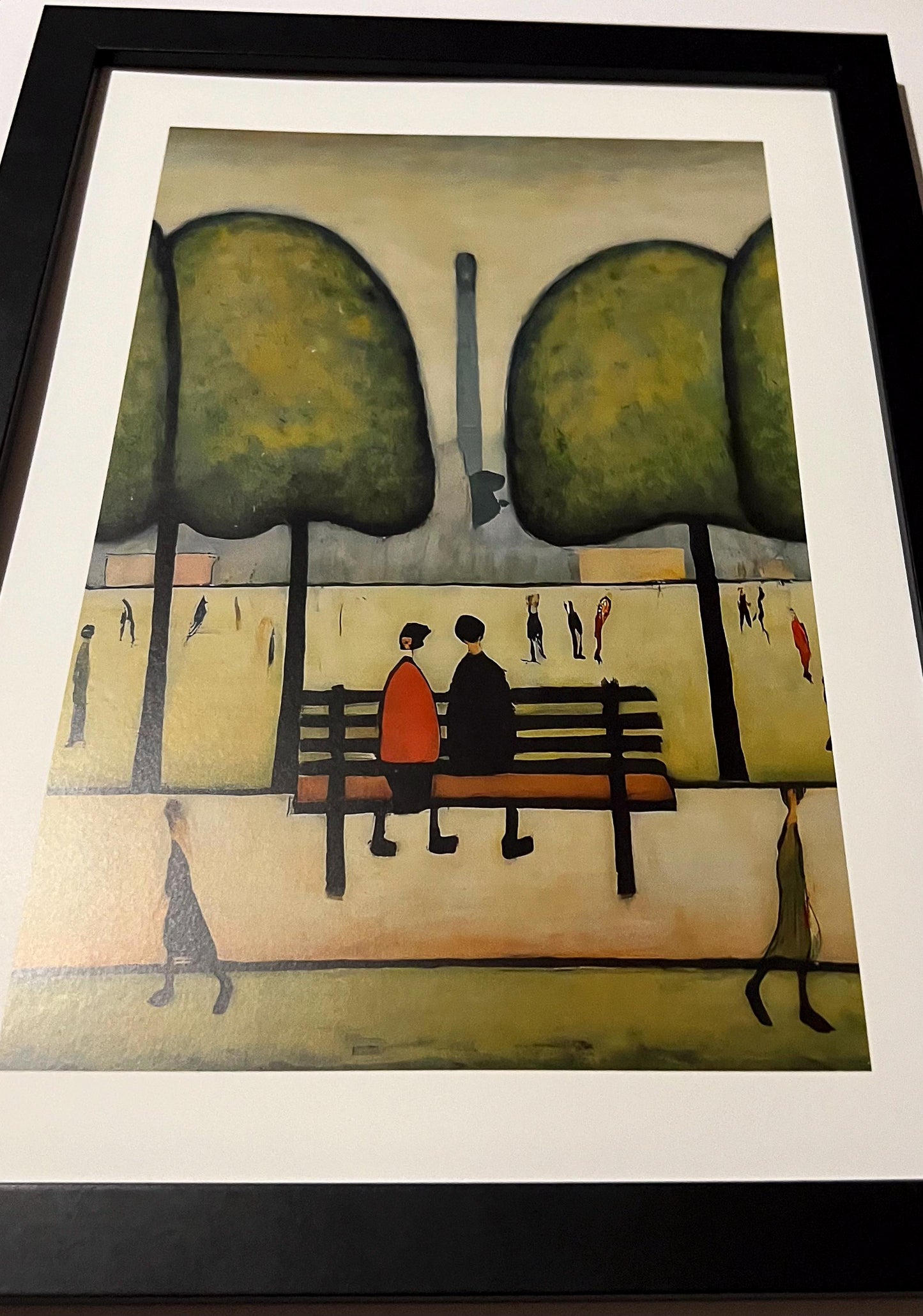 Sitting On A Bench - A4 Size Giclée Art Print. Lowry Style Art Print. Available Framed and Unframed.