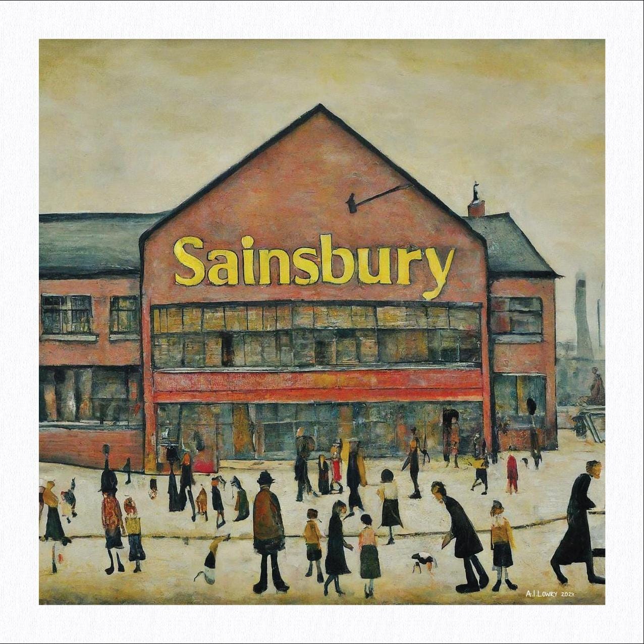 Sainsbury's - Giclée Art Print 21cm Square. Fabulous Image in the Style Of LS Lowry. Ideal Gift.