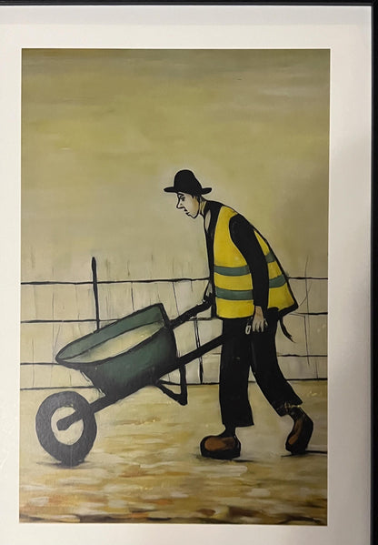 Wheelbarrow Man - A4 Size Giclée Art Print. Lowry Style Art Print. Available Framed and Unframed.