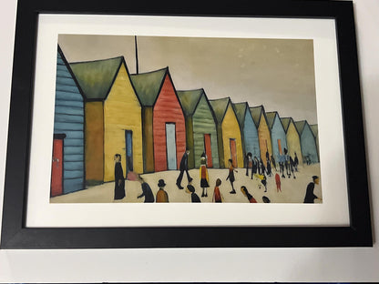 Brighton Beach Huts - A4 Size Giclée Art Print. Lowry Style Art Print. Available Framed and Unframed.