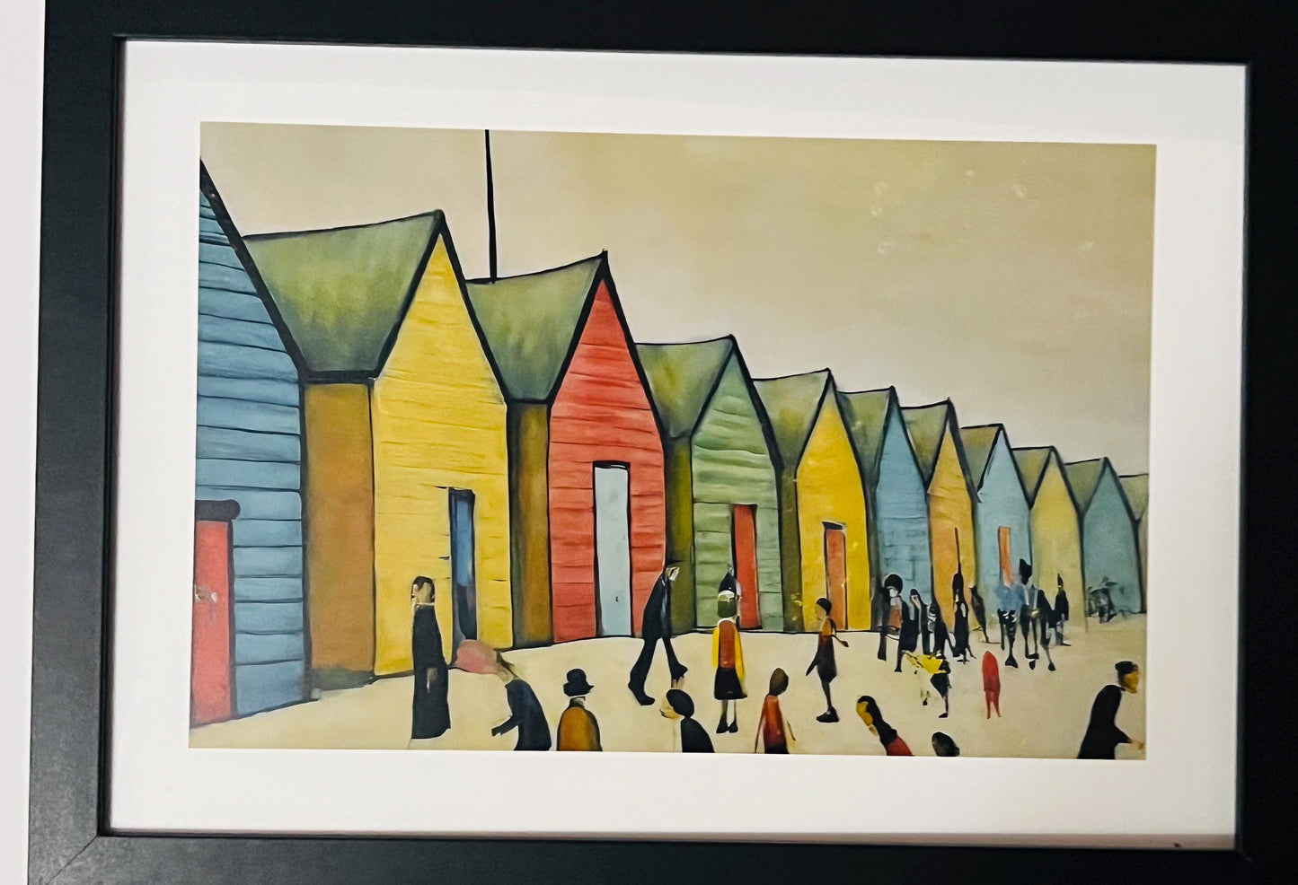 Brighton Beach Huts - A4 Size Giclée Art Print. Lowry Style Art Print. Available Framed and Unframed.