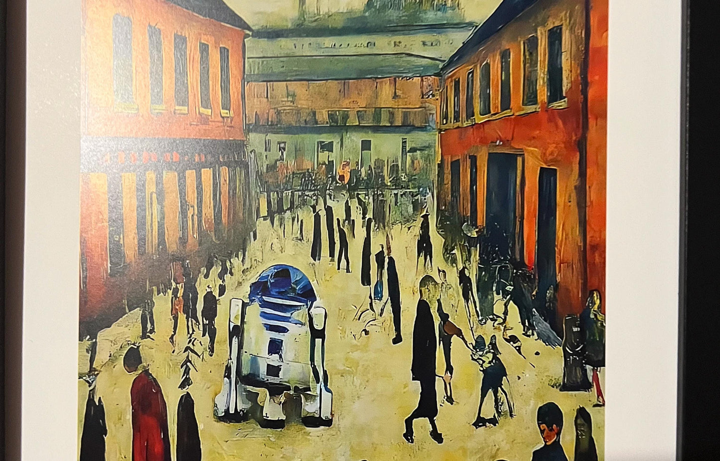 R2D2 Goes To Town -parody - A4 Size Giclée Art Print. Lowry Style Art Print. Available Framed and Unframed.