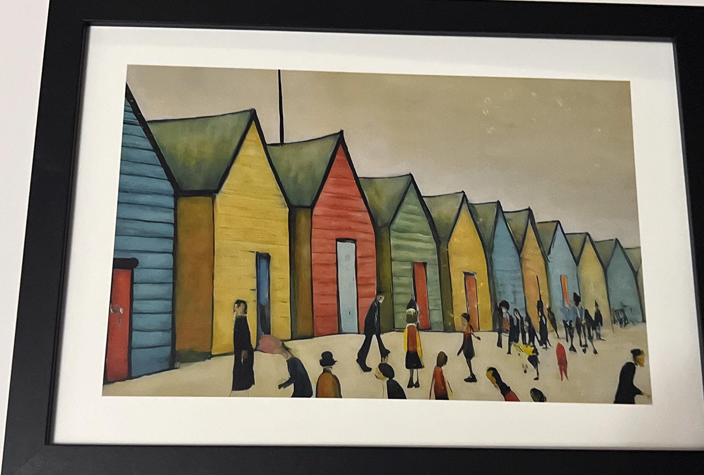 Brighton Beach Huts - A4 Size Giclée Art Print. Lowry Style Art Print. Available Framed and Unframed.