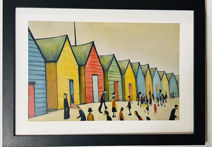 Brighton Beach Huts - A4 Size Giclée Art Print. Lowry Style Art Print. Available Framed and Unframed.