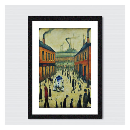 R2D2 Goes To Town -parody - A4 Size Giclée Art Print. Lowry Style Art Print. Available Framed and Unframed.