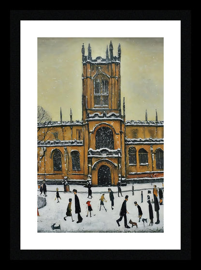 Snowy Manchester Cathedral - A4 Size Giclée Art Print. Lowry Style Art Print. Available Framed and Unframed.