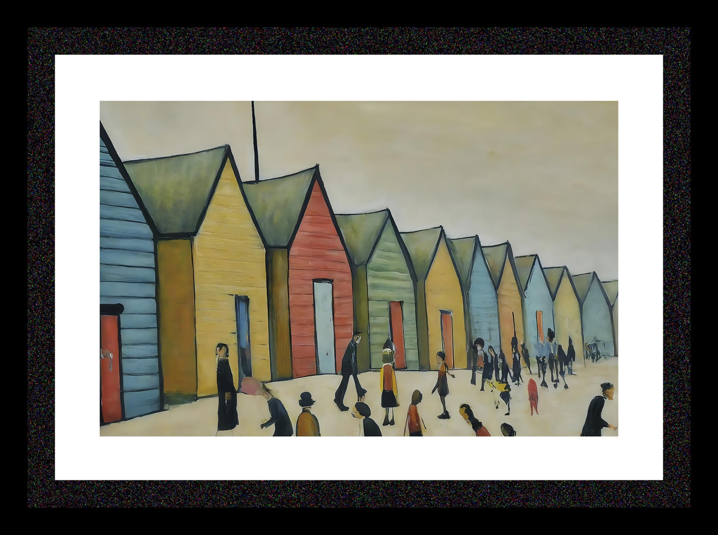 Brighton Beach Huts - A4 Size Giclée Art Print. Lowry Style Art Print. Available Framed and Unframed.