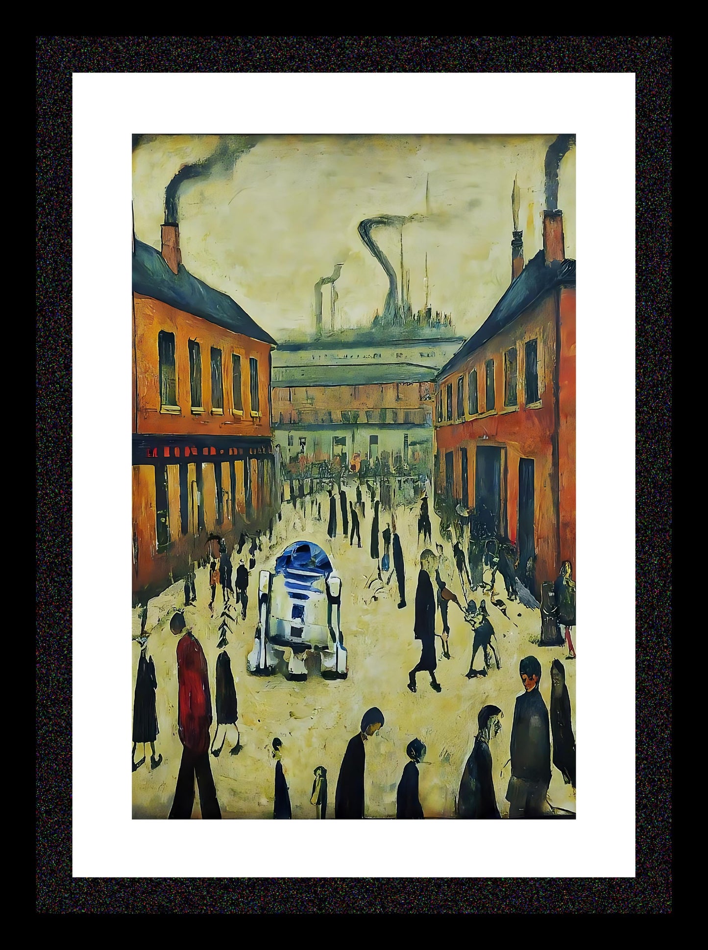 R2D2 Goes To Town -parody - A4 Size Giclée Art Print. Lowry Style Art Print. Available Framed and Unframed.