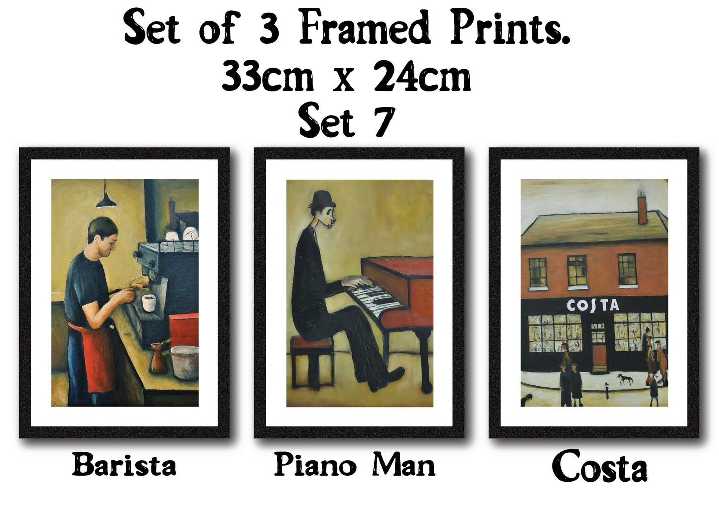 Set of 3 Black Framed Lowry Style Art Prints 33 x 24cm. Wall Mountable or Free Standing, Choice of Ten Sets. Made in The UK.