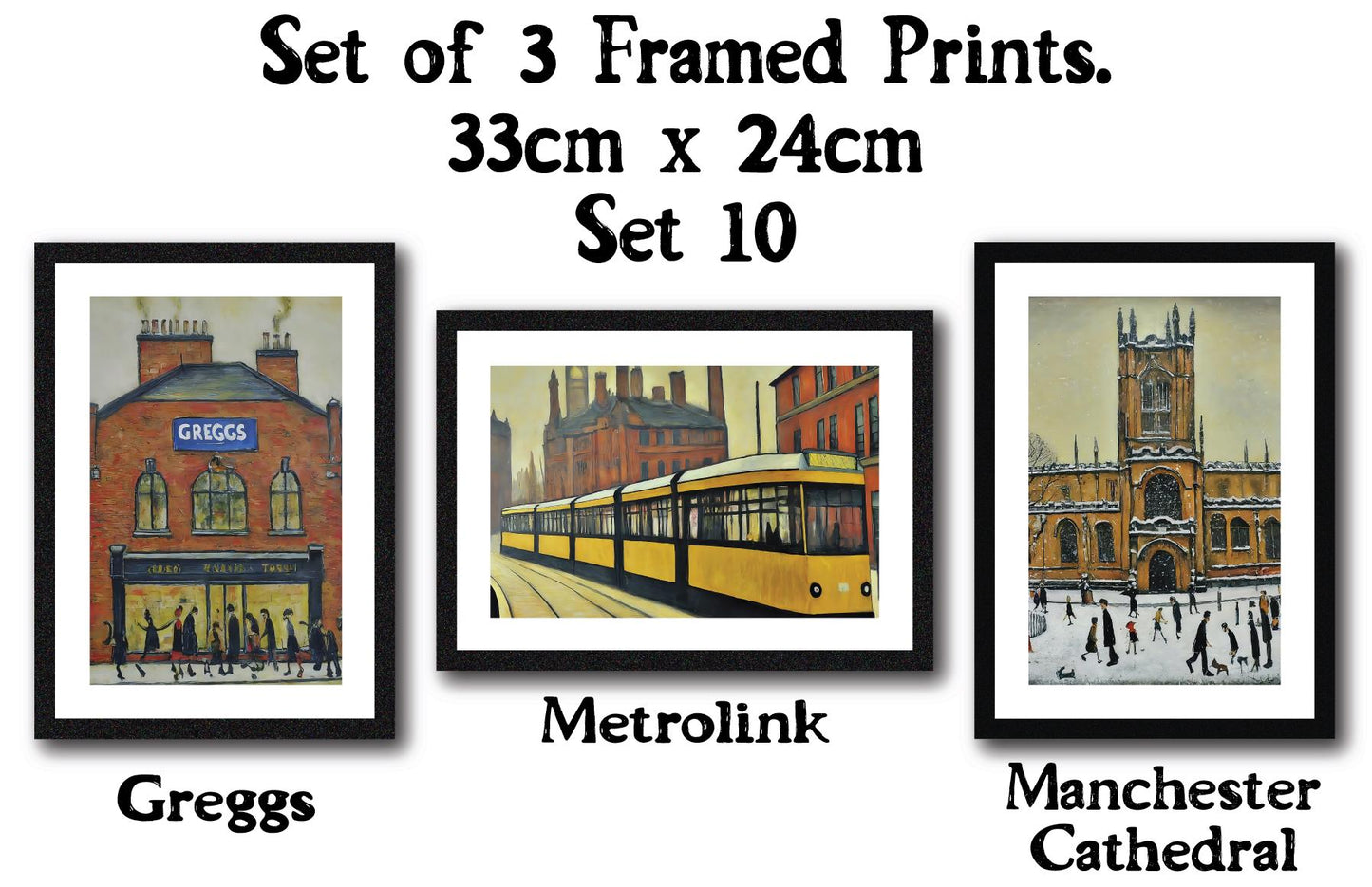Set of 3 Black Framed Lowry Style Art Prints 33 x 24cm. Wall Mountable or Free Standing, Choice of Ten Sets. Made in The UK.