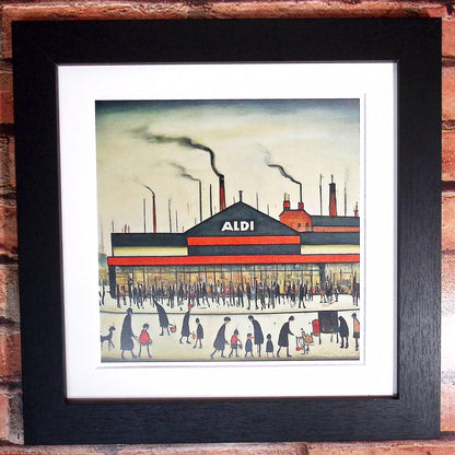 Aldi - Giclée Art Print 21cm Square. Modern Fun Print in the Style Of LS Lowry. Framed or Unframed.