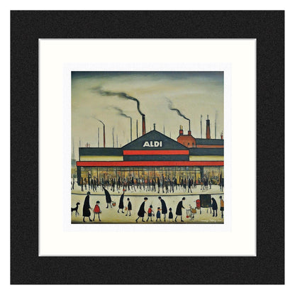 Aldi - Giclée Art Print 21cm Square. Modern Fun Print in the Style Of LS Lowry. Framed or Unframed.