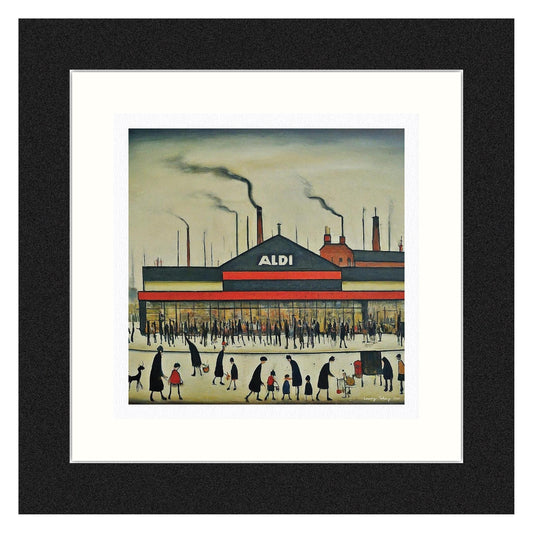 Aldi - Giclée Art Print 21cm Square. Modern Fun Print in the Style Of LS Lowry. Framed or Unframed.