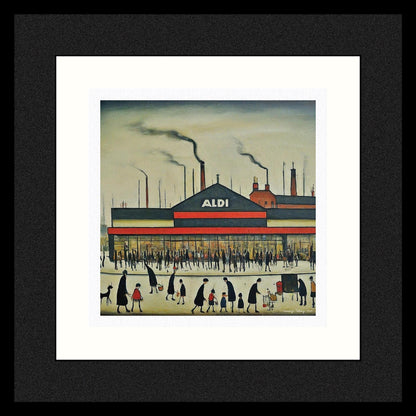 Aldi - Giclée Art Print 21cm Square. Modern Fun Print in the Style Of LS Lowry. Framed or Unframed.