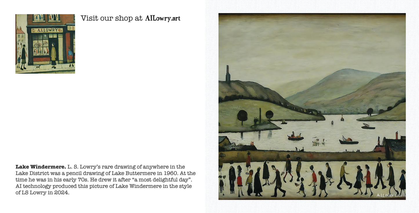 Pack of 6 Blank Lowry Style Art Greeting Cards - Lake Windermere Design - 350gsm Card with Kraft Envelopes