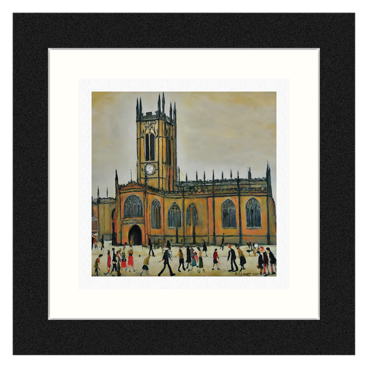 Manchester Cathedral - Giclée Art Print 21cm Square. Graceful Image in the Style Of LS Lowry