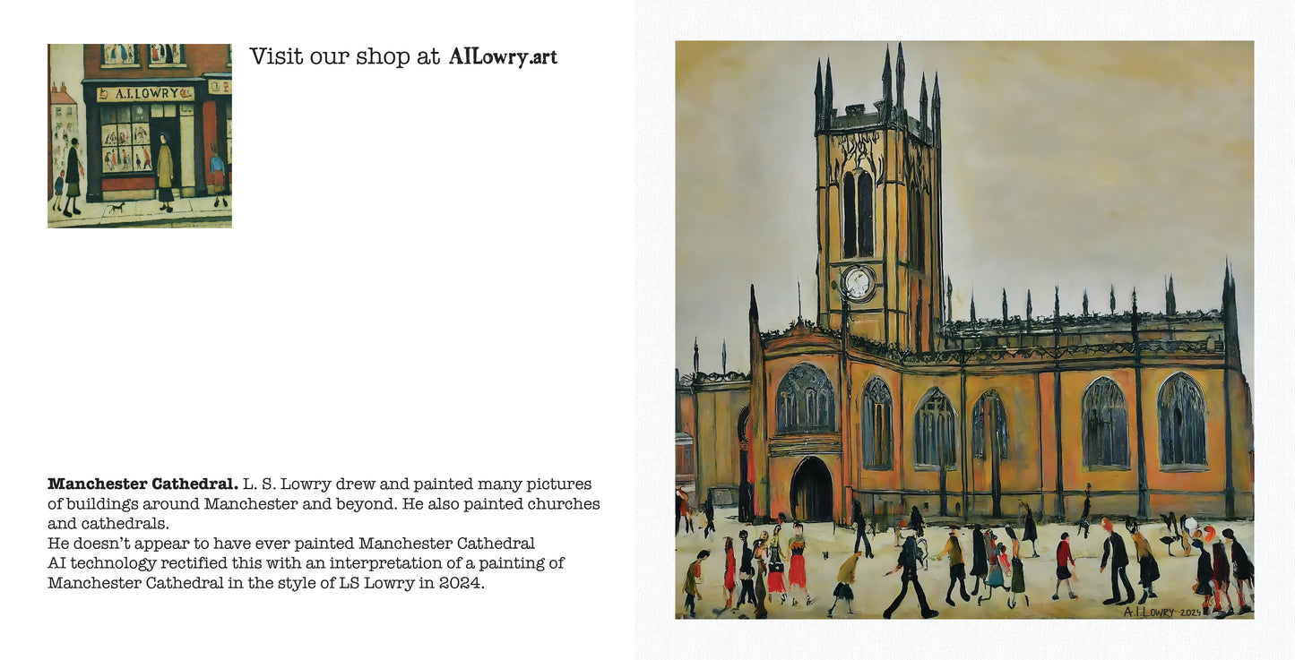 Pack of 6 Blank Lowry Style Art Greeting Cards - Manchester Cathedral Design - 350gsm Card with Kraft Envelopes