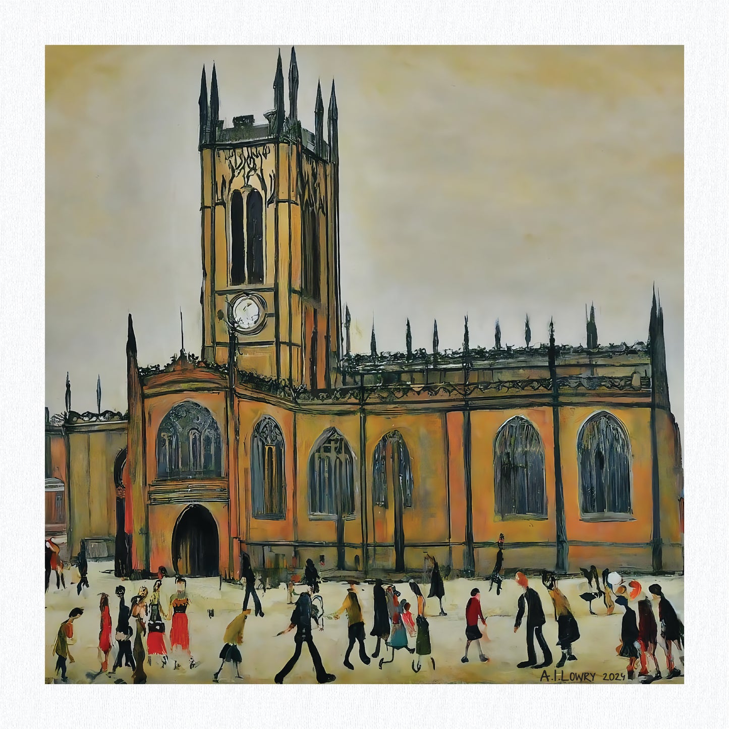 Manchester Cathedral - Giclée Art Print 21cm Square. Graceful Image in the Style Of LS Lowry