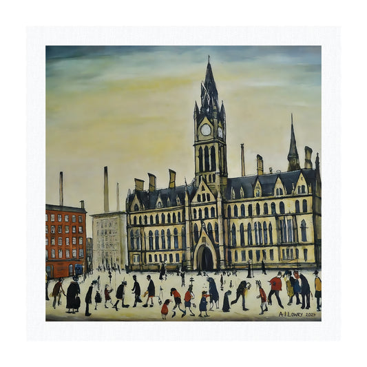 Pack of 6 Blank Lowry Style Art Greeting Cards - Manchester Town Hall Design - 350gsm Card with Kraft Envelopes