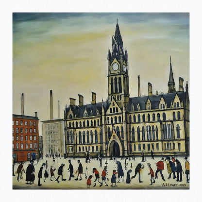 Manchester Town Hall - Giclée Art Print 21cm Square. Attractive Image in the Style Of LS Lowry