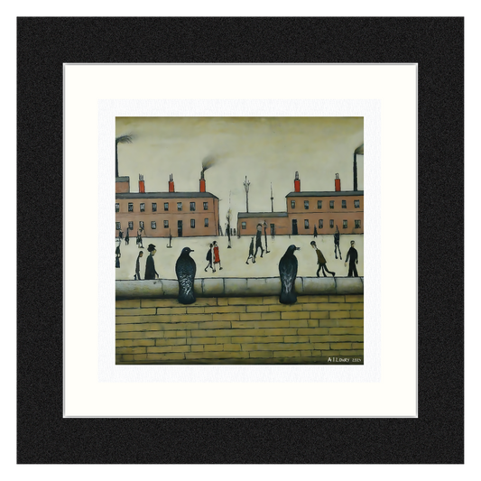 Pigeons on a Wall - Giclée Art Print 21cm Square. Delightful Image in the Style Of LS Lowry