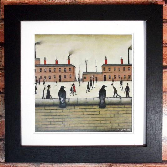 Pigeons sur un mur - Impression d'art giclée 21 cm carré. Image ravissante dans le style de LS Lowry